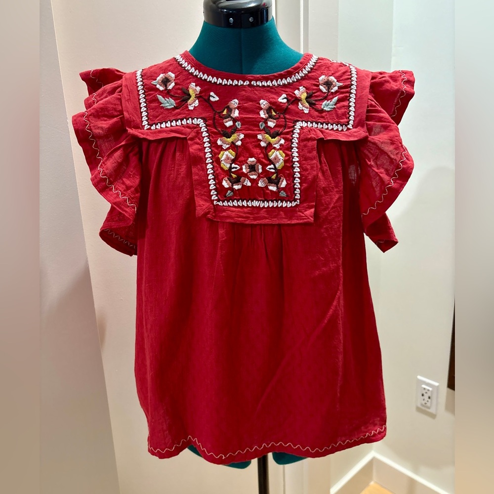 Max Studio Crimson Ruffle Blouse with Floral Detail